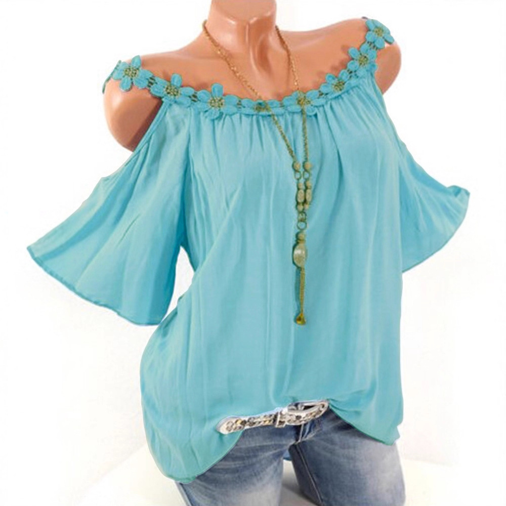 Cross-Border European & American Women's Clothing 2026 Summer Wish Amazon eBay Bestseller Lace Round Neck Off-Shoulder Solid Color T-Shirt for Women