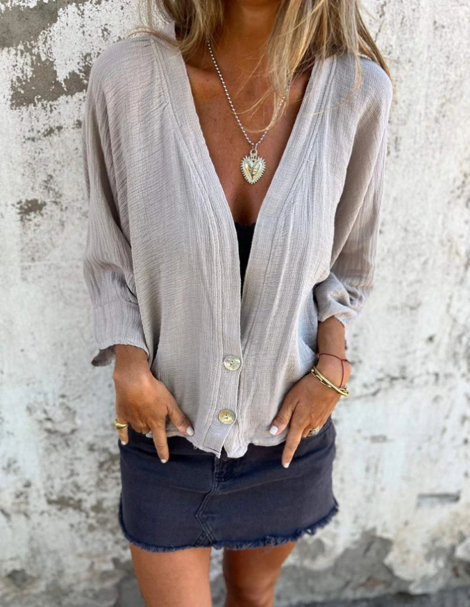 Women's Loose V-Neck Cotton-Linen T-Shirt Casual Long Sleeve