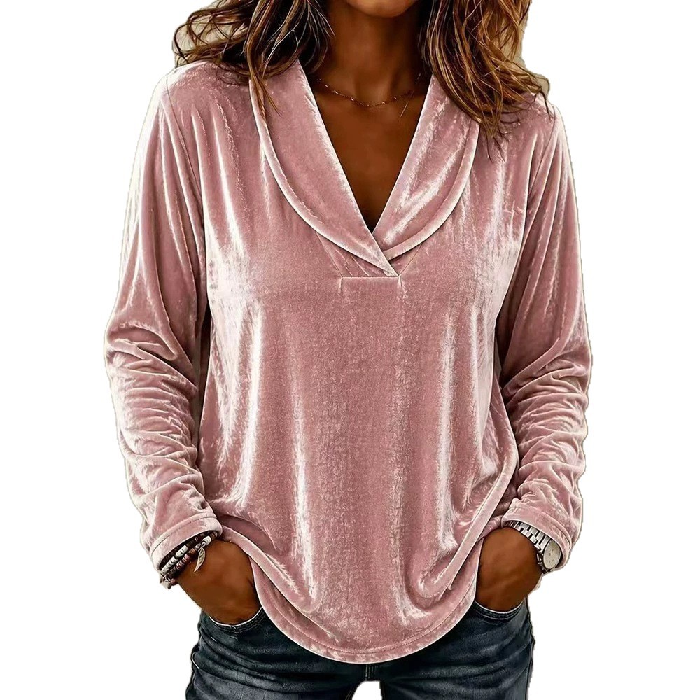 Women's Solid Velvet Long-Sleeve Doll-Collar Top
