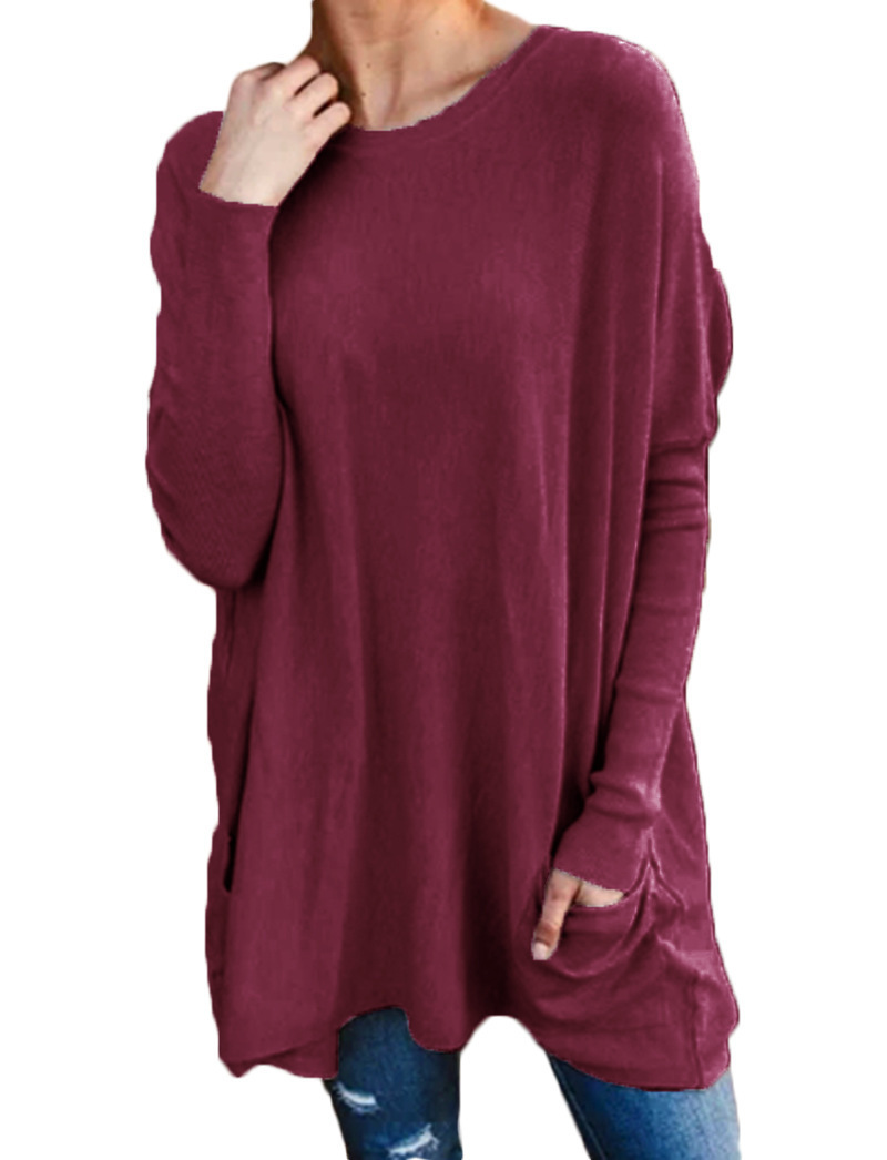 Women's Loose Fit Crewneck Long Sleeve Pocket T-Shirt