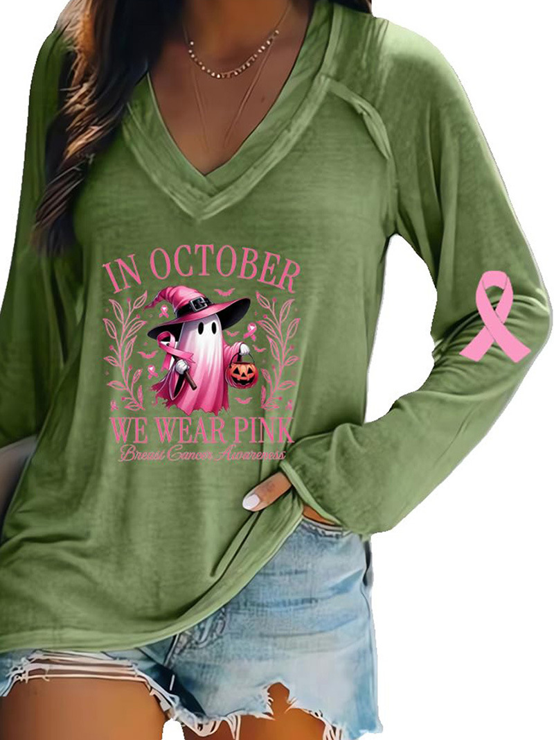 Women's V-Neck Long-Sleeve Halloween Pumpkin Ghost Ribbon Print T-Shirt