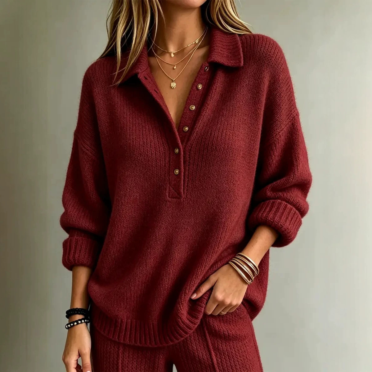 Women's Solid Knit Long-Sleeve Shirt-Collar Top