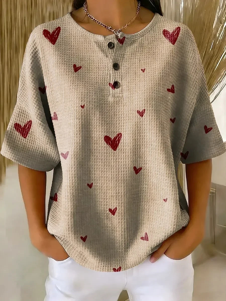 Floral Plaid Print Crewneck Short Sleeve Button Top