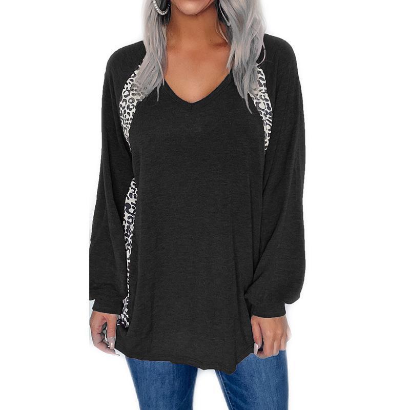 Women's Leopard Colorblock V-Neck Loose Long-Sleeve Pullover T-Shirt