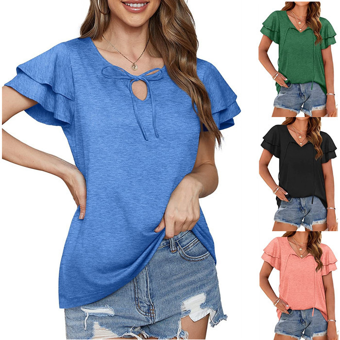V-Neck Double-Layer Sleeve Tie-Front Casual Women's T-Shirt