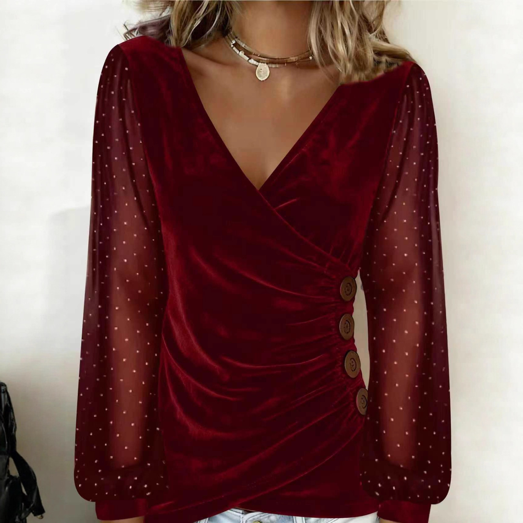 Women's Velvet Long Sleeve T-Shirt with Rhinestone Sleeves V-Neck Slim Fit