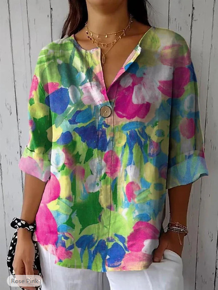 Button V-Neck Casual Top T-Shirt