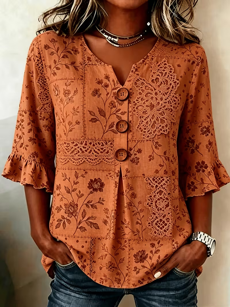 Retro Floral Print Short Sleeve Button-Up Top