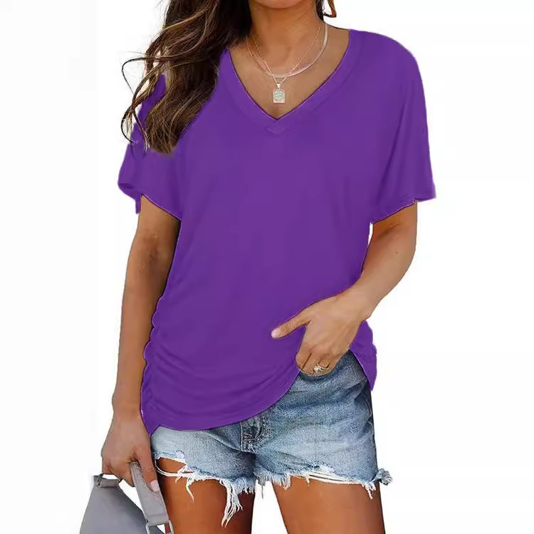 Women's V-Neck Short Sleeve Solid Color T-Shirt