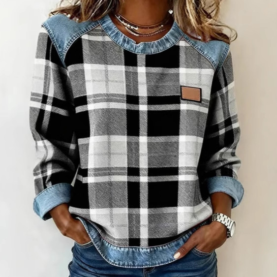 Plaid Patchwork Denim Crewneck Loose Women's Sweatshirt