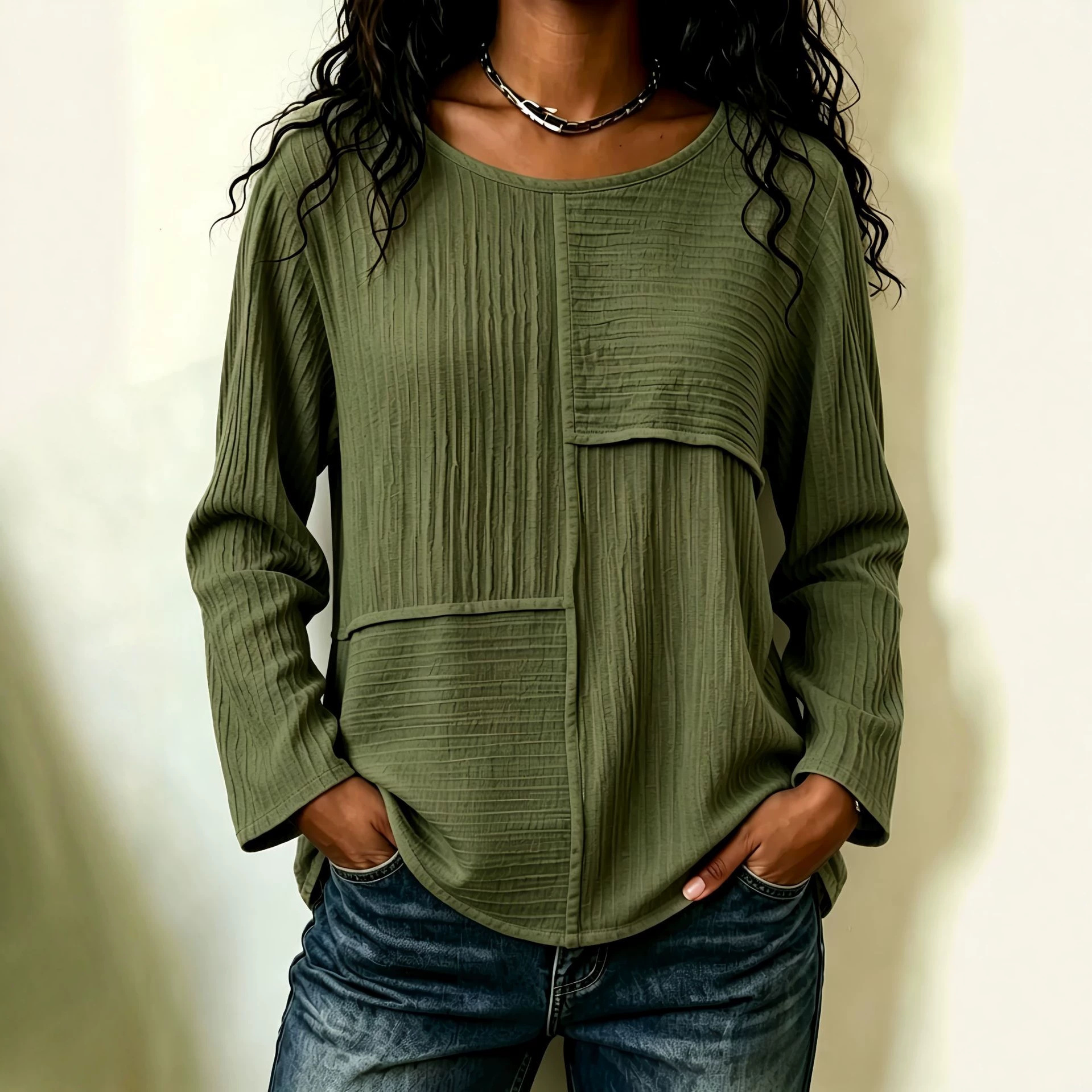 Women's Crewneck Colorblock Loose Long Sleeve Top