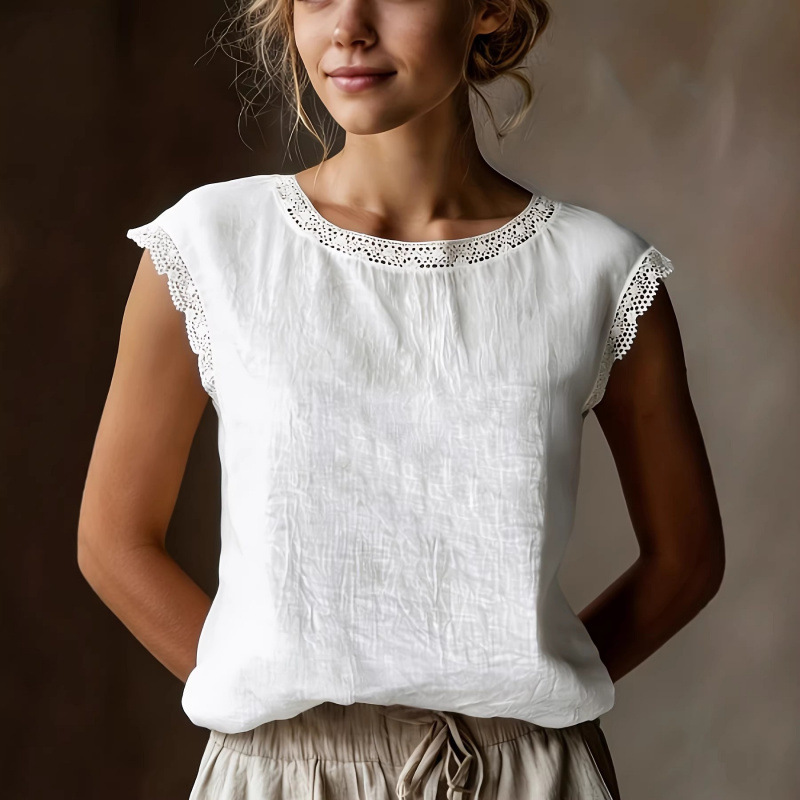 Women's Loose Linen-Blend Round Neck Lace-Trim Sleeveless Shirt
