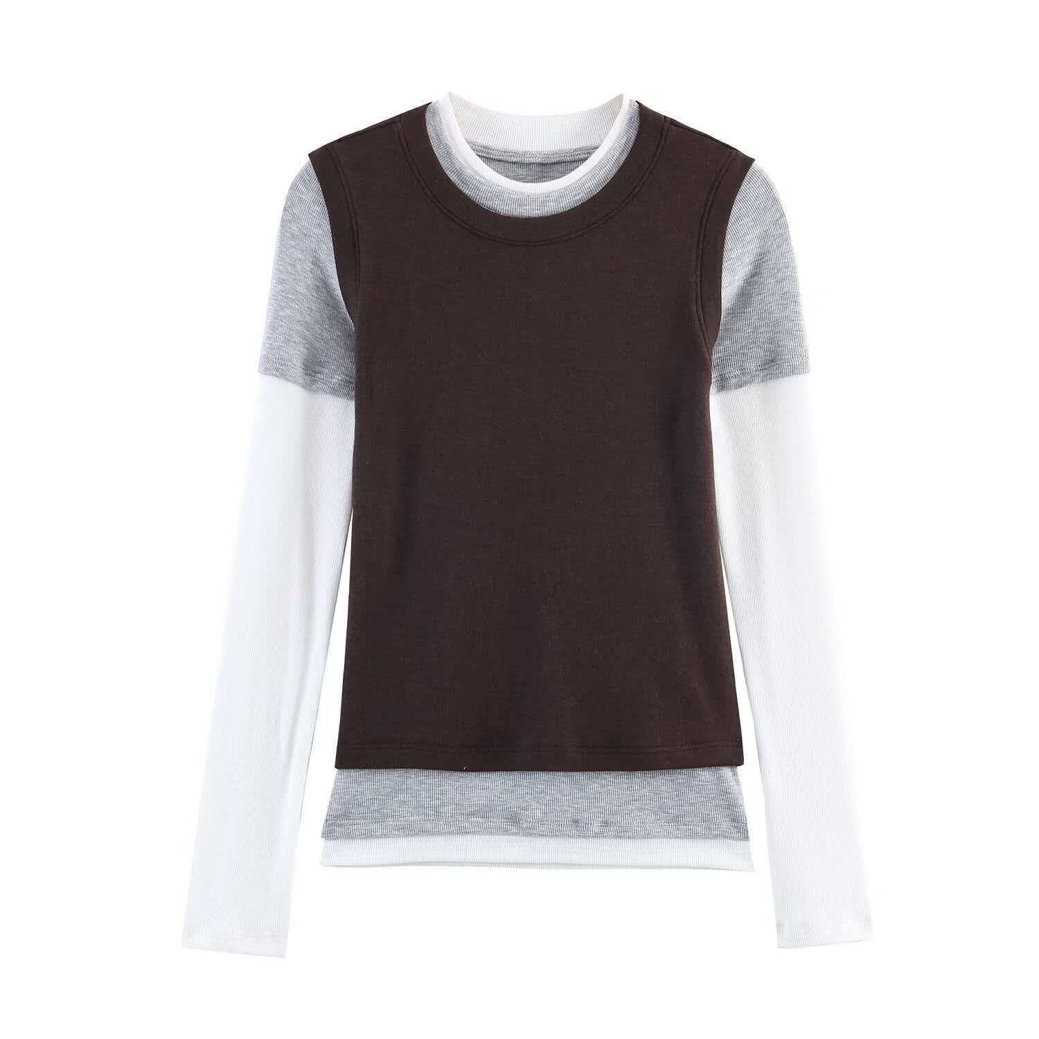 Women's Color-Block Faux Two-Piece Long-Sleeve T-Shirt