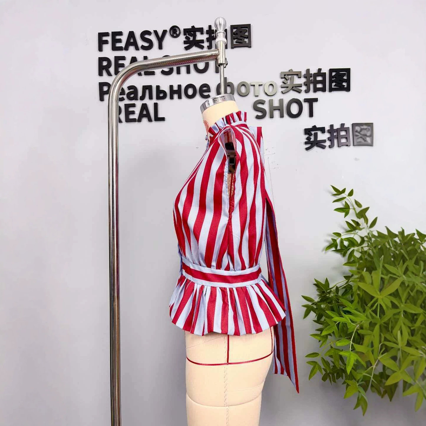 High Neck Tie Striped Shirt Short Sleeve