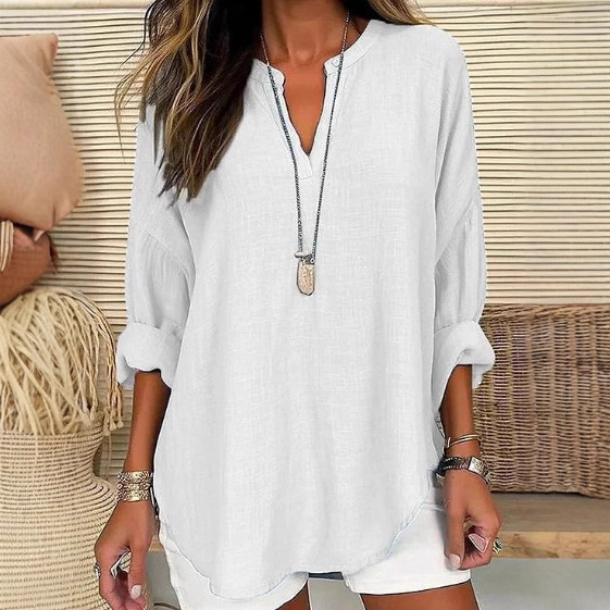 Women's Solid Print V-Neck Long Sleeve T-Shirt