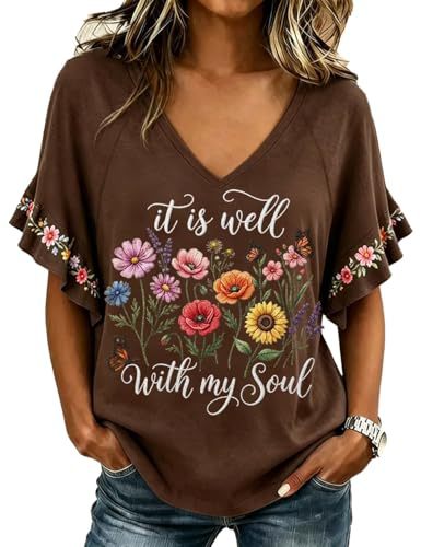 Floral Book Print V-Neck Short Sleeve Women's T-Shirt
