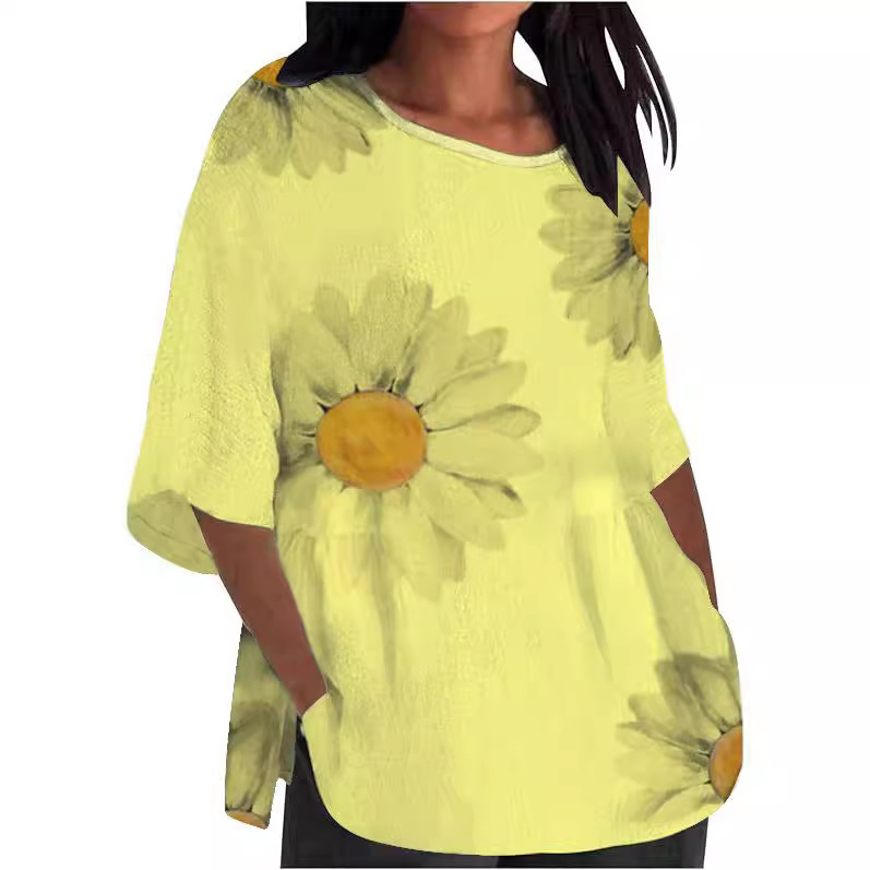 Chrysanthemum Print Round Neck 3/4 Sleeve T-Shirt for Women