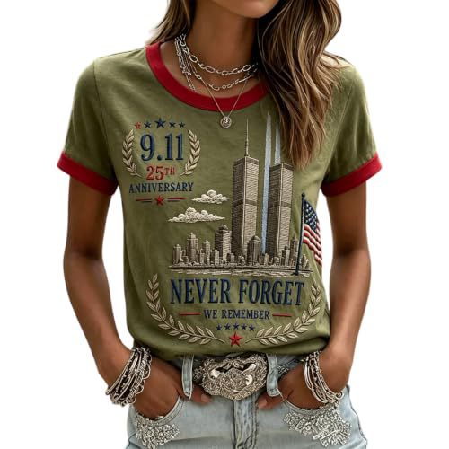 911 Twin Towers Ribbon Flag Print Short Sleeve T-Shirt