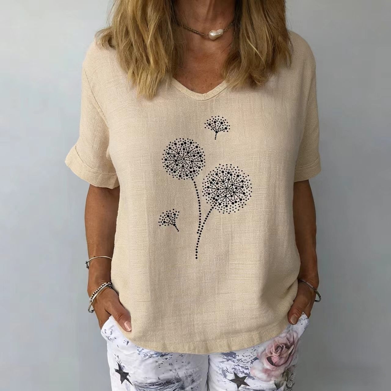 Women's Cotton-Linen Loose Short Sleeve Dandelion Print Top