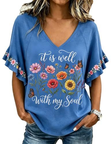 Floral Book Print V-Neck Short Sleeve Women's T-Shirt