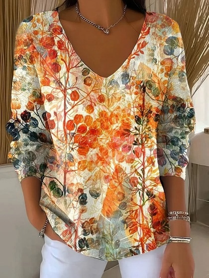 Colorful Leaf Striped V-Neck Long-Sleeve T-Shirt for Women