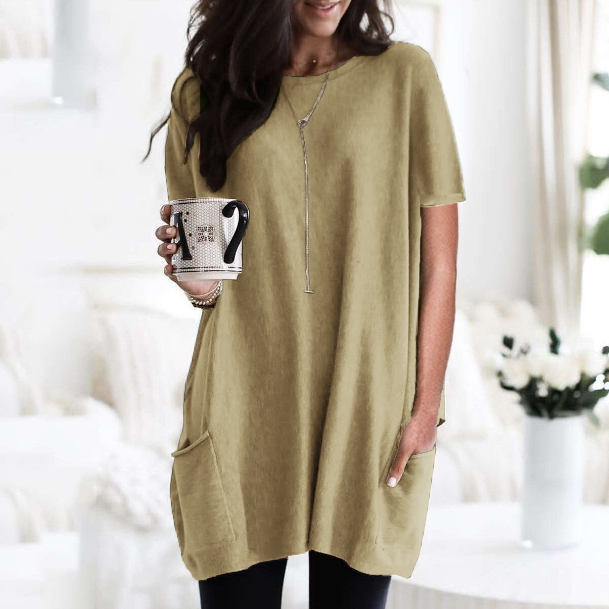 Women's Long Sleeve Pocket T-Shirt Casual Loose Fit Crew Neck Top