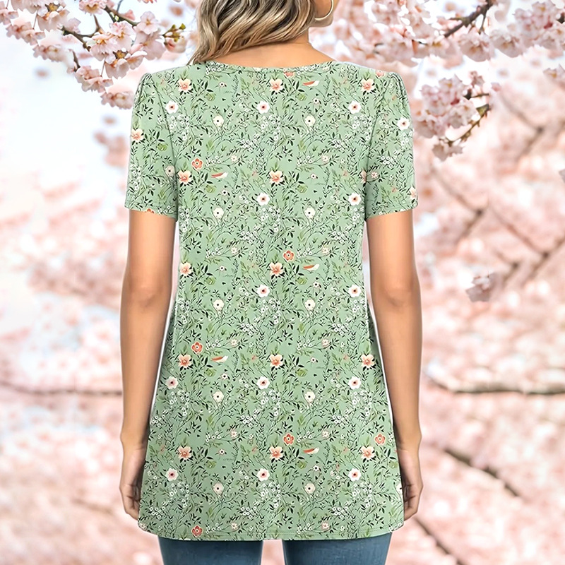 Elegant Floral Print Short Sleeve T-Shirt Puff Sleeve Round Neck