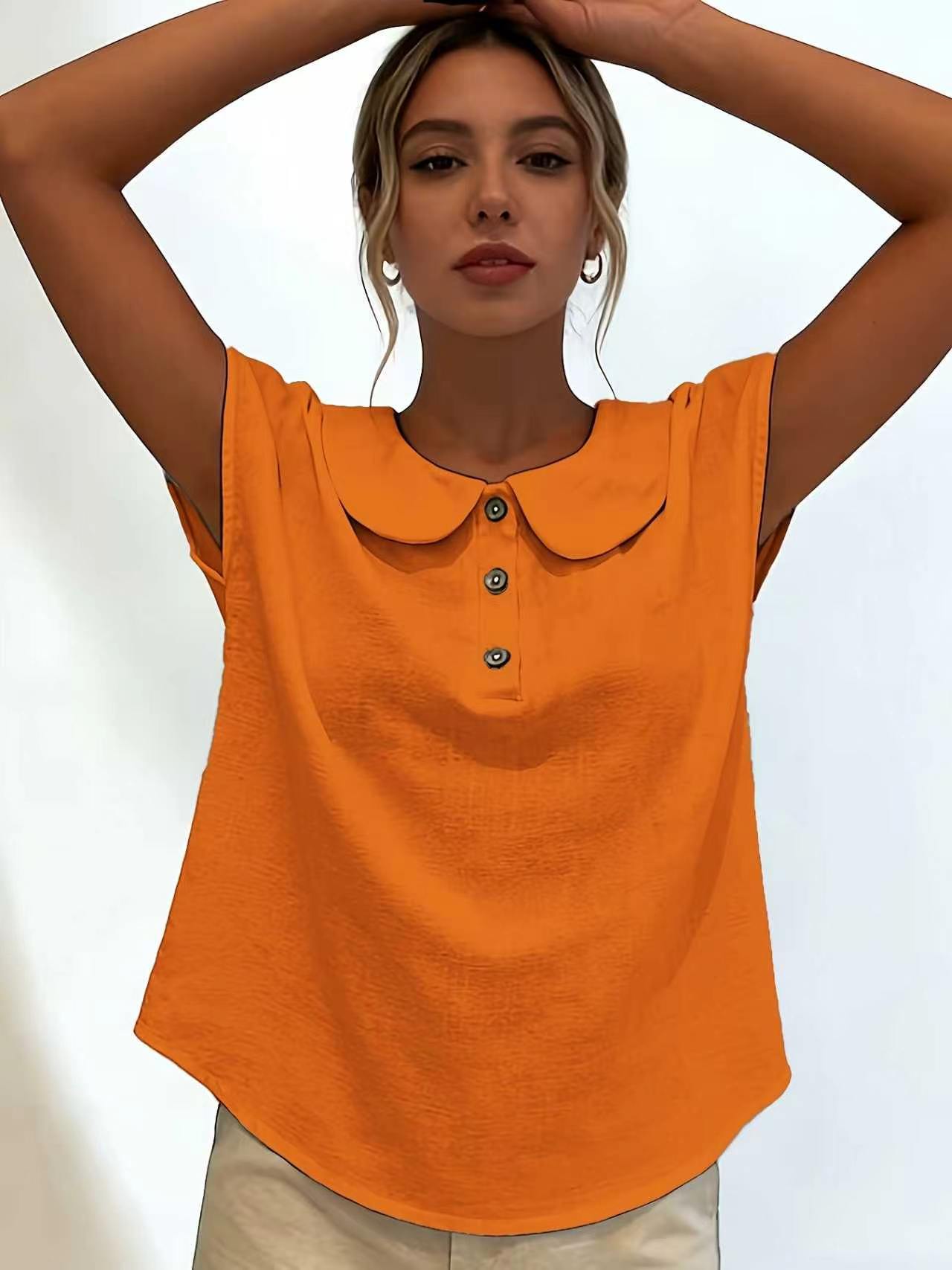 Women's Solid Short Sleeve Button V-Neck Blouse