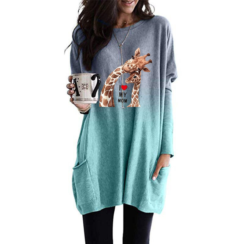 Giraffe Print Crewneck Long Sleeve Pullover T-Shirt