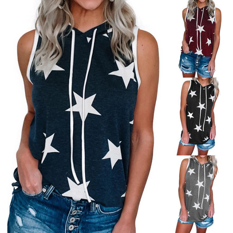 Women's Star Print Hooded Sleeveless T-Shirt