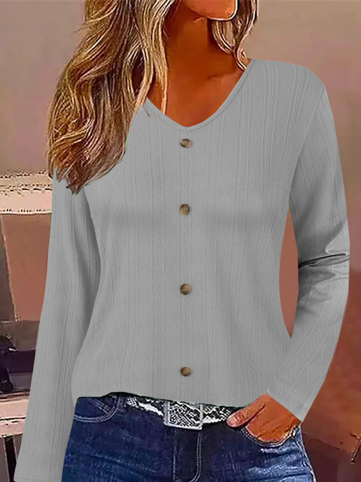 Women's V-Neck Long Sleeve Top Casual Loose Fit