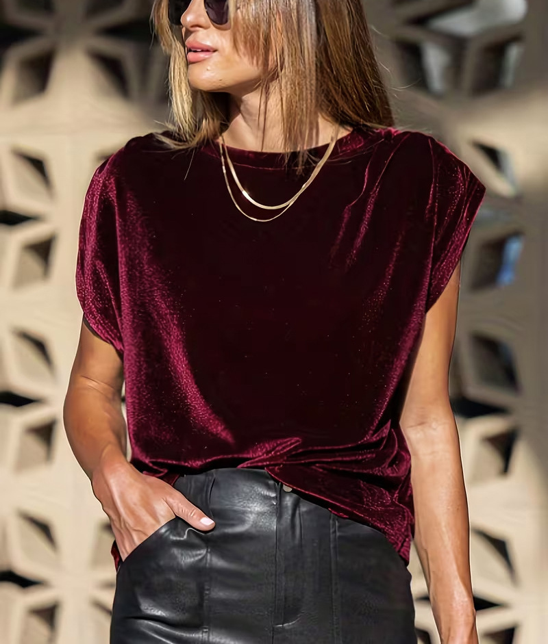 Women's Velvet Short Sleeve T-Shirt Casual Loose Fit Solid Color