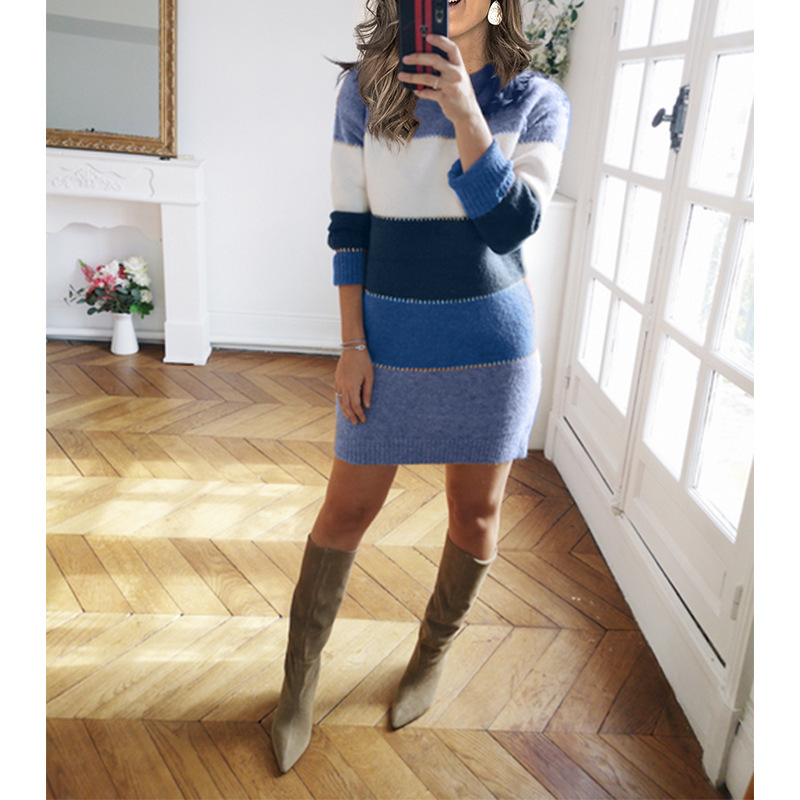 Color-Block Knit Sweater Dress with Round Neck