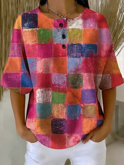 Summer Plaid Floral Print Short Sleeve Button-Up Top