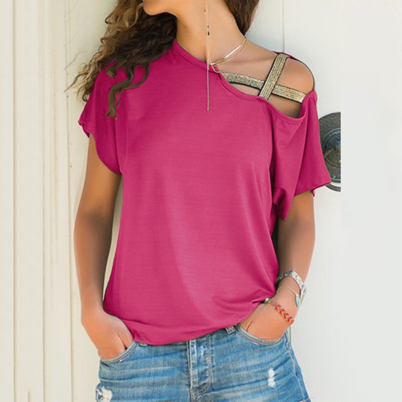 Women's Casual One-Shoulder Cross Irregular Short Sleeve T-Shirt