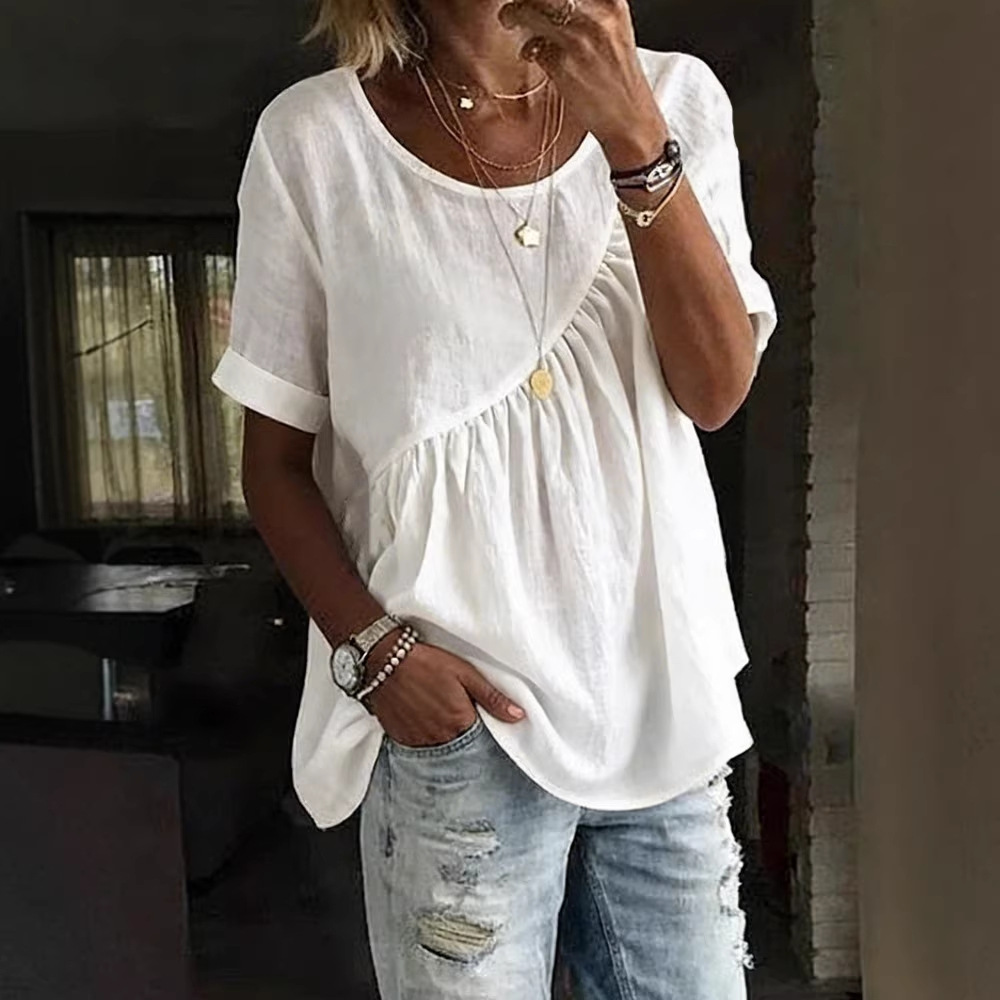 Women's Solid Crewneck Short Sleeve Ruched Top