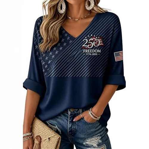 American Flag Print V-Neck Short Sleeve Women's T-Shirt