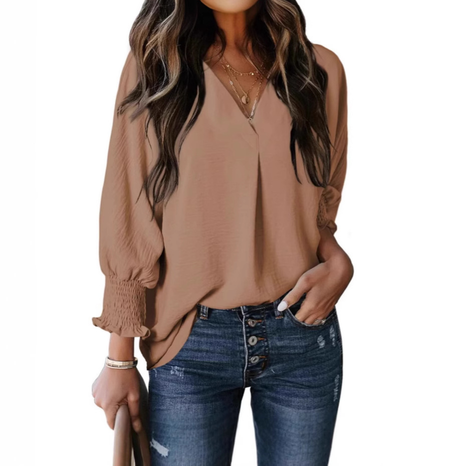 Women's V-Neck Long Sleeve Loose Fit Blouse Top