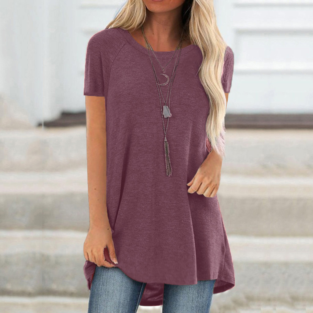Solid Color Crewneck Loose Short-Sleeve Pullover T-Shirt Midi Length