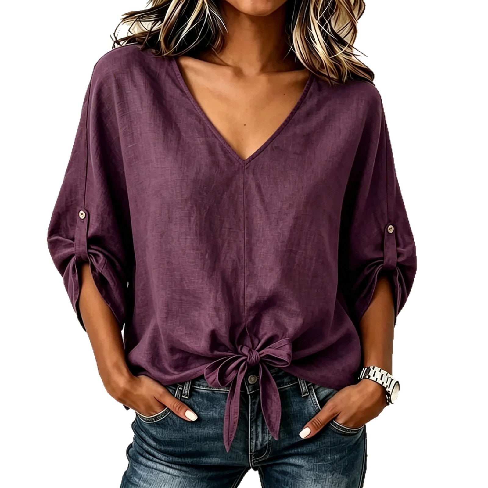 V-Neck Tie-Hem Loose Fit Blouse with Roll-Tab Sleeves