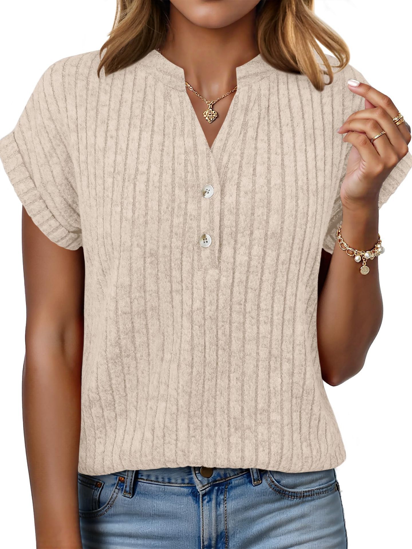Brushed Ribbed V-Neck Batwing Short-Sleeve Top