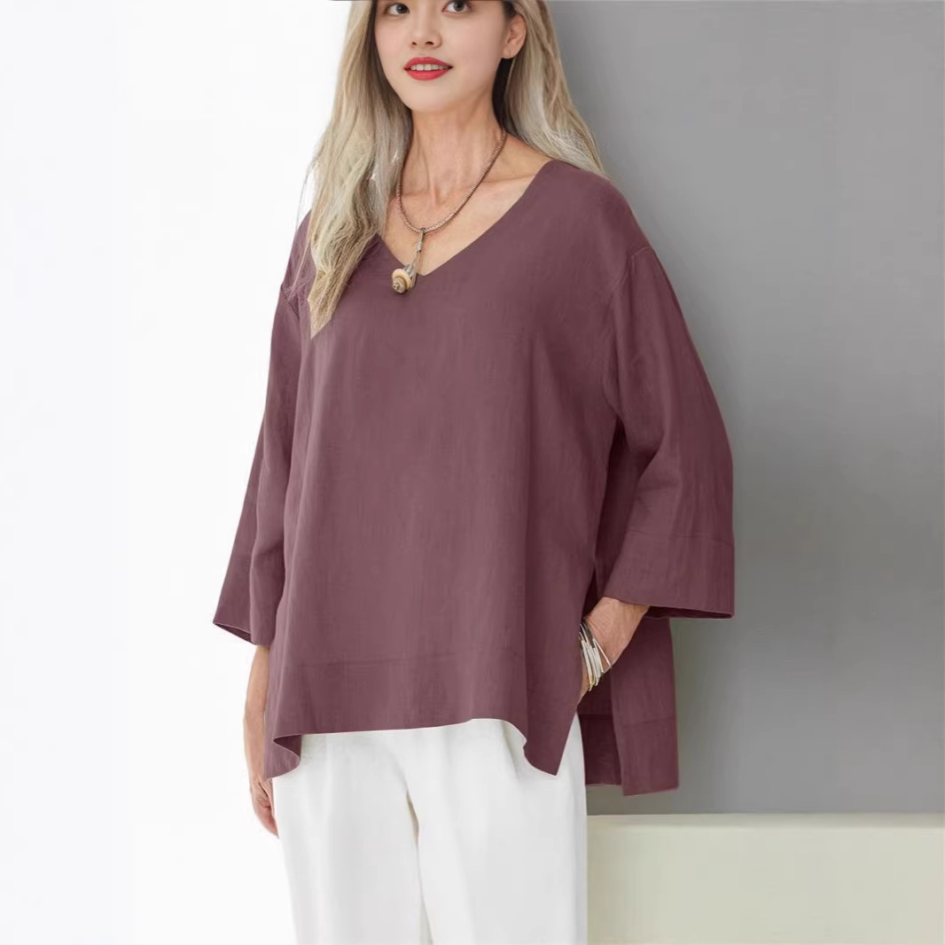 Women's V-Neck Cotton-Linen Shirt Top 3/4 Sleeve Side Slit Loose Plus Size