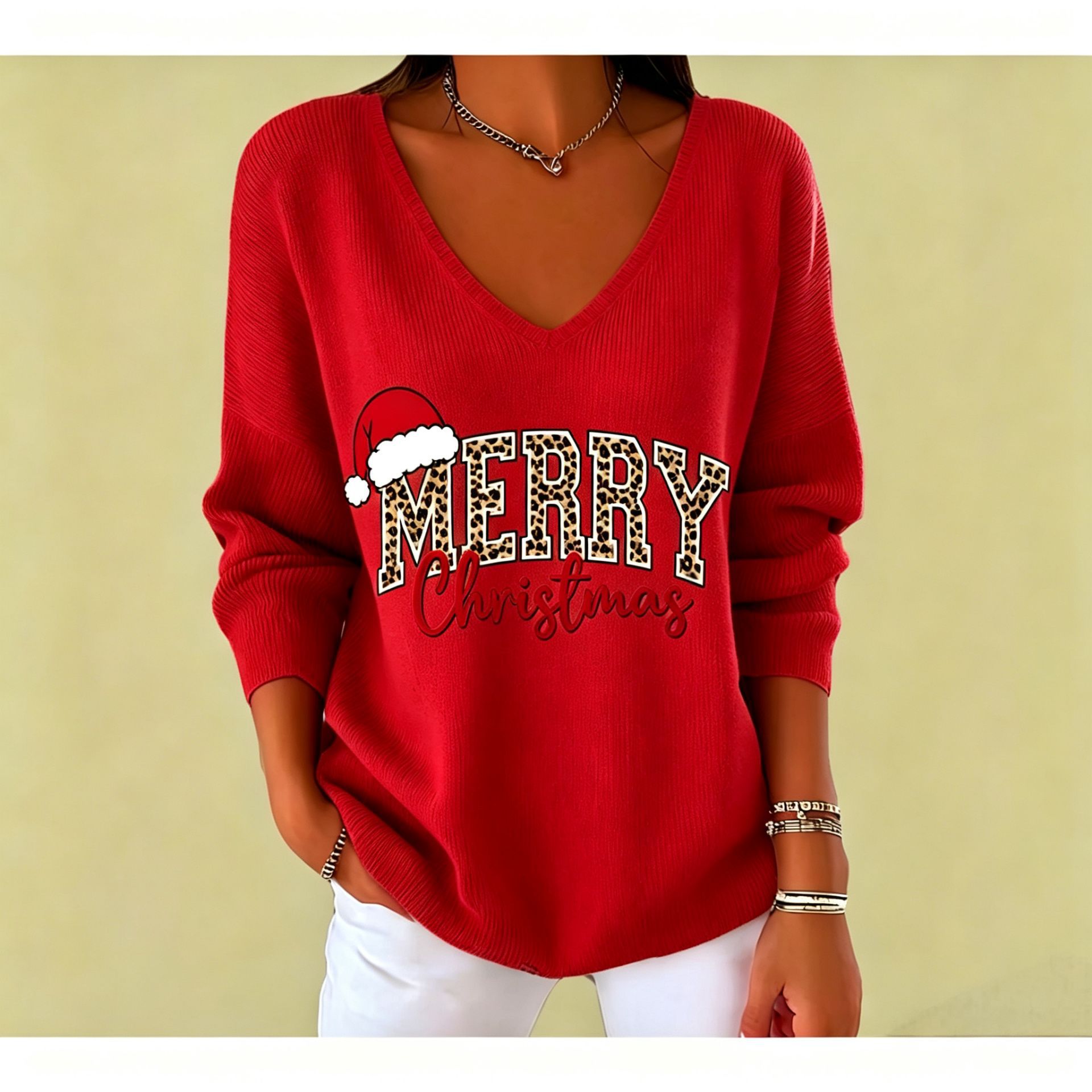 Christmas Letter Print V-Neck Long Sleeve Women's T-Shirt