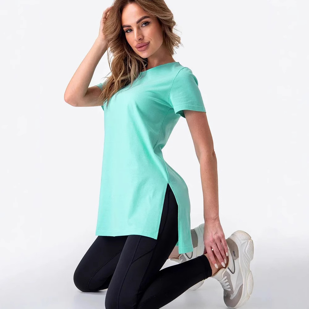 Women's Loose Crewneck Short Sleeve Split Knit Top