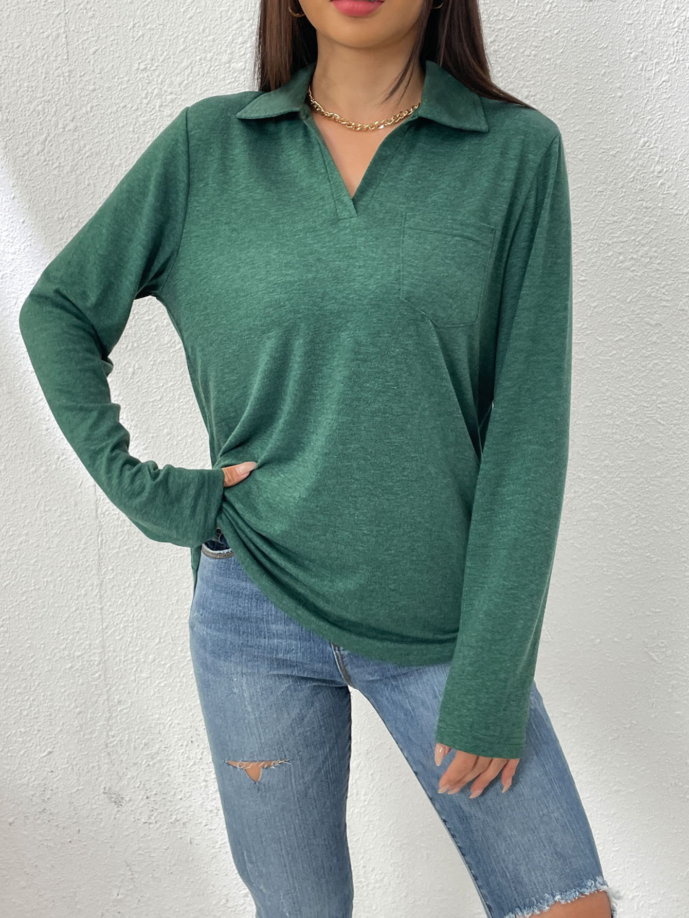 Women's Long Sleeve Solid Color Collared Loose Pocket T-Shirt