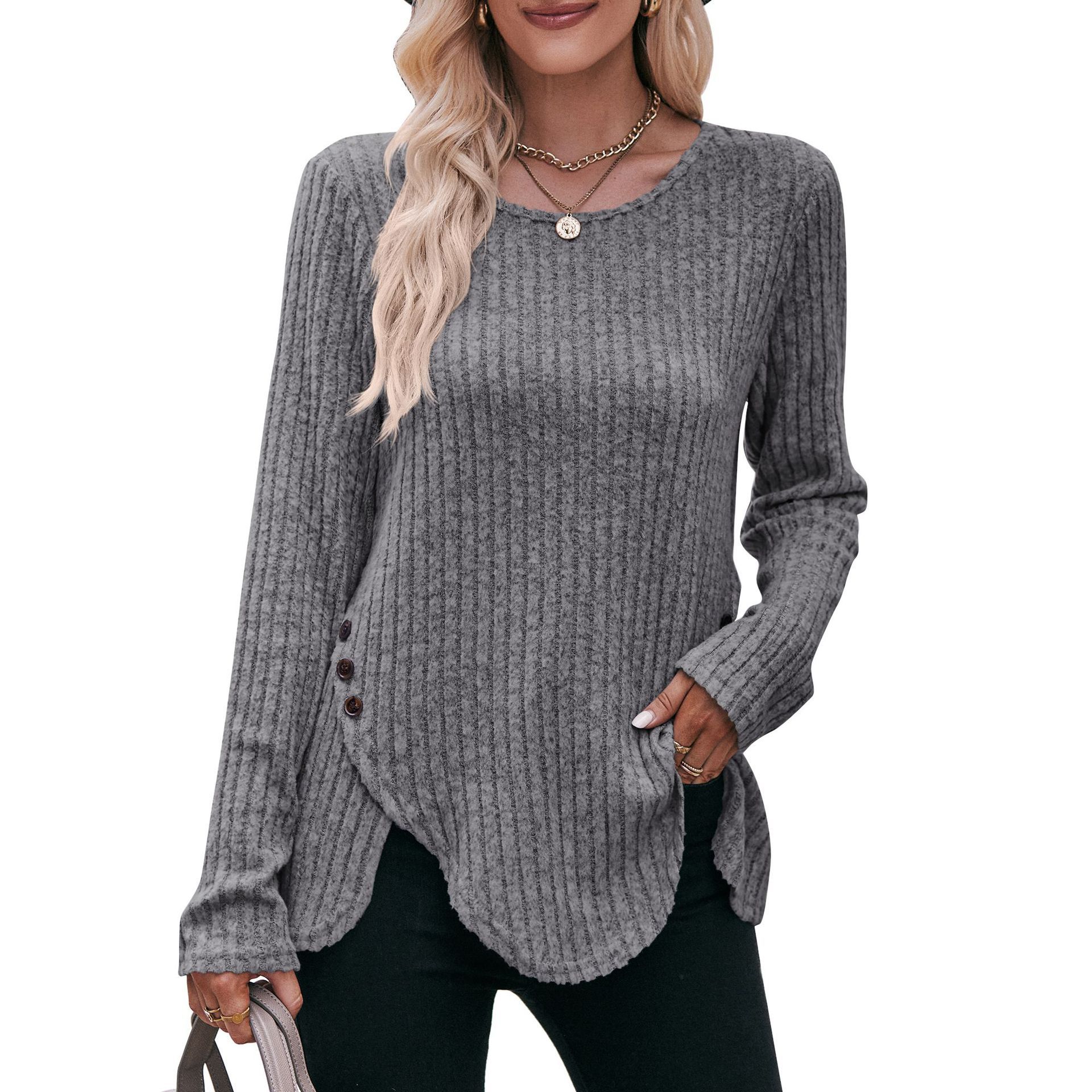 Women's Ribbed Brushed Crewneck Long-Sleeve Button T-Shirt