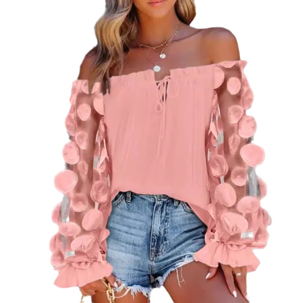 Women's Off-Shoulder 3D Floral Top Long Sleeve Pink