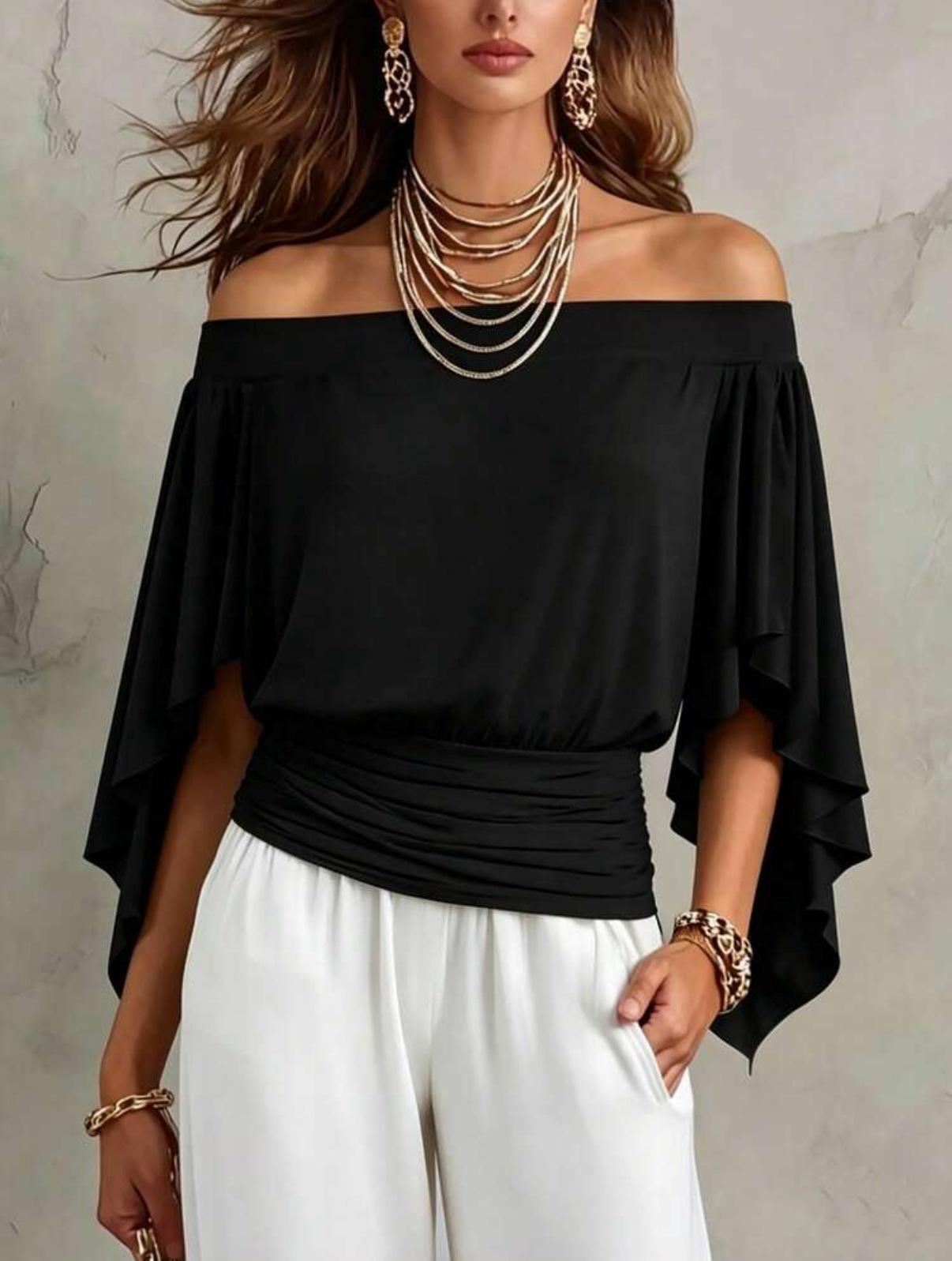 Women's Elegant Solid Color T-Shirt with Flare Sleeves and Off-Shoulder Neckline
