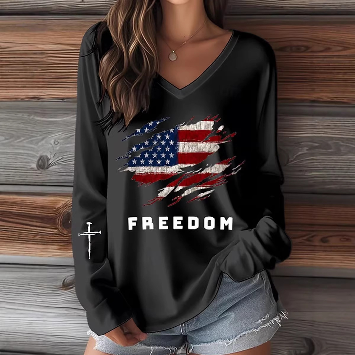Cross Flag Freedom Print V-Neck Short Sleeve Women's T-Shirt