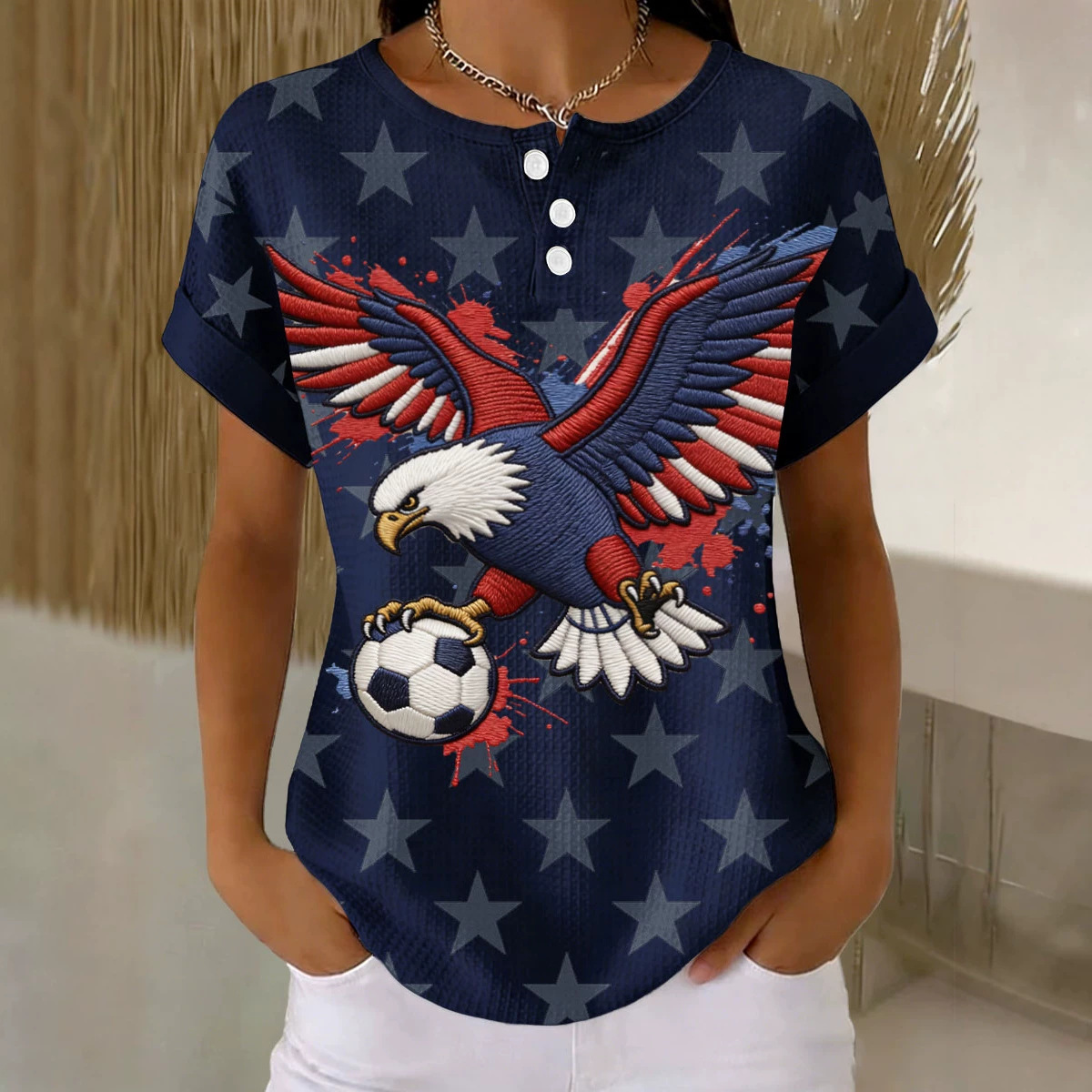 Men's Summer Eagle Graphic Short Sleeve Button-Up Shirt